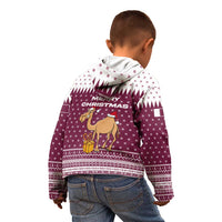 Qatar Christmas Kid Hoodie with Maroon-White Design, National Emblem, and Camel Motif - Wonder Print Shop