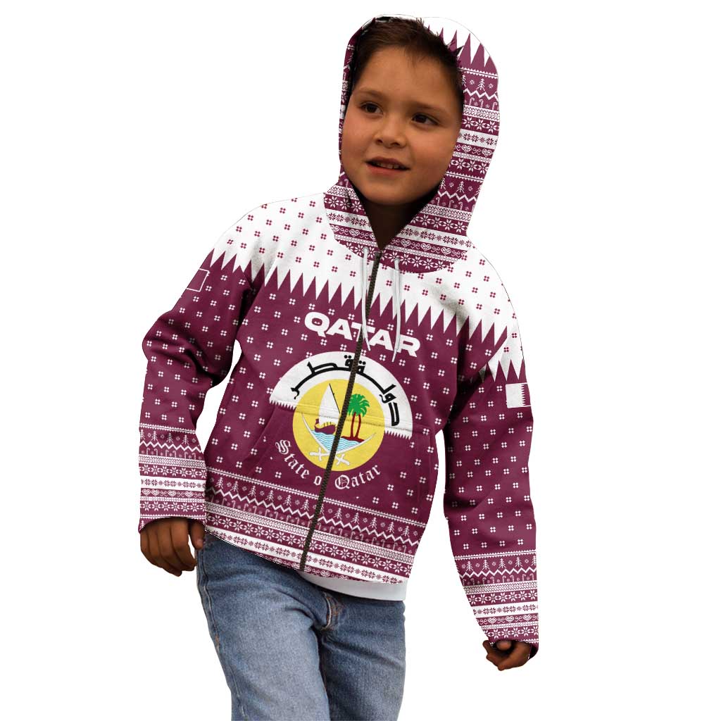 Qatar Christmas Kid Hoodie with Maroon-White Design, National Emblem, and Camel Motif - Wonder Print Shop