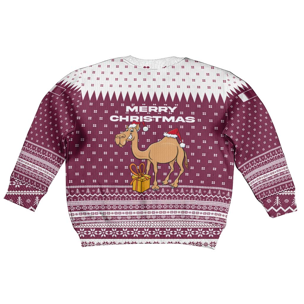 Qatar Christmas Kid Ugly Christmas Sweater with Maroon-White Design, National Emblem, and Camel Motif - Wonder Print Shop