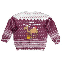 Qatar Christmas Kid Ugly Christmas Sweater with Maroon-White Design, National Emblem, and Camel Motif - Wonder Print Shop