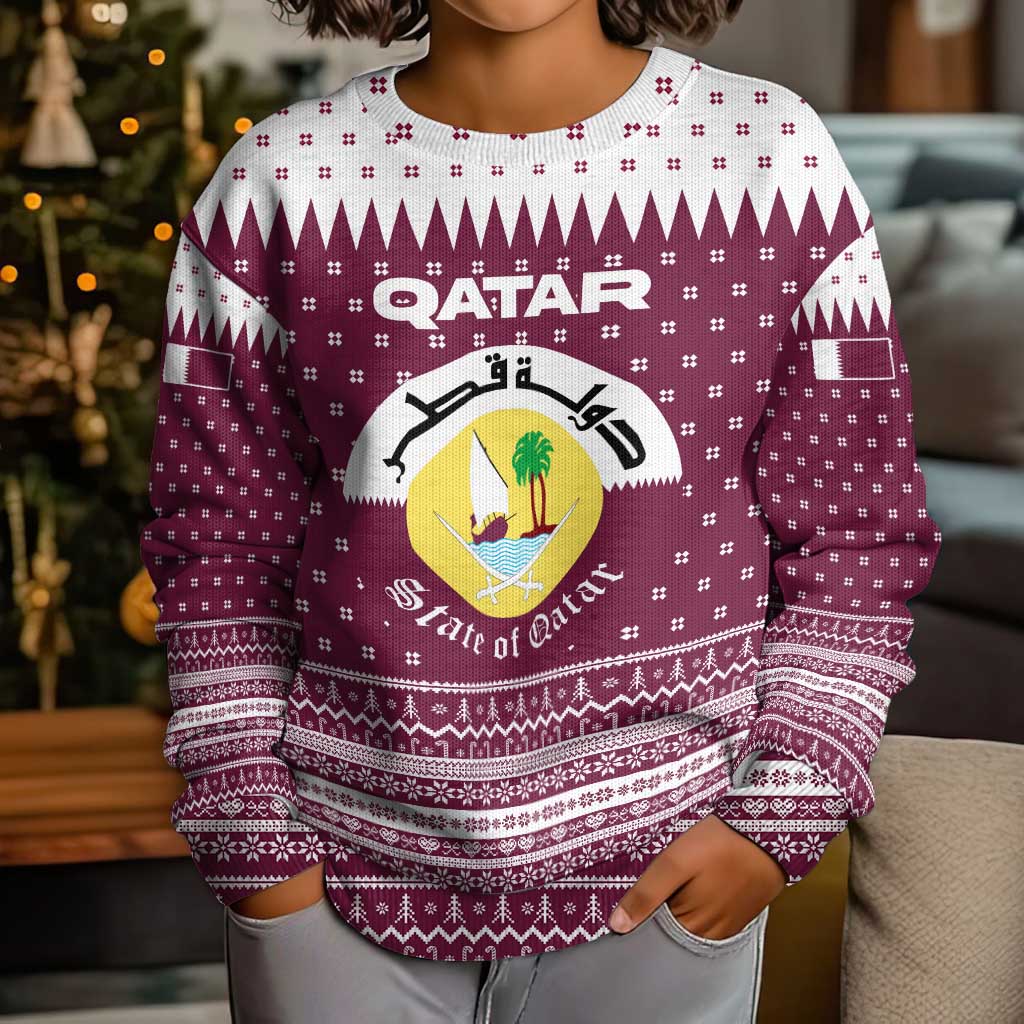 Qatar Christmas Kid Ugly Christmas Sweater with Maroon-White Design, National Emblem, and Camel Motif - Wonder Print Shop