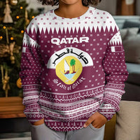 Qatar Christmas Kid Ugly Christmas Sweater with Maroon-White Design, National Emblem, and Camel Motif - Wonder Print Shop