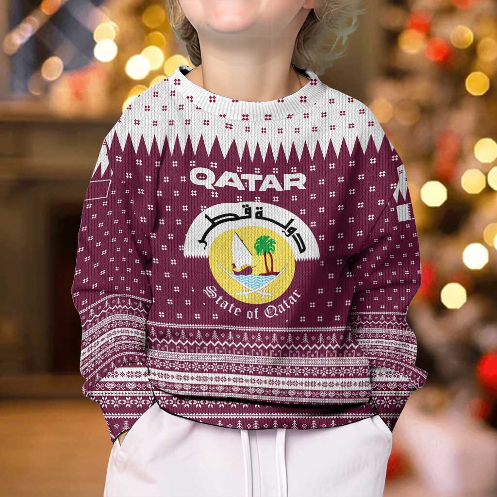 Qatar Christmas Kid Ugly Christmas Sweater with Maroon-White Design, National Emblem, and Camel Motif - Wonder Print Shop