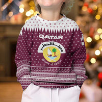 Qatar Christmas Kid Ugly Christmas Sweater with Maroon-White Design, National Emblem, and Camel Motif - Wonder Print Shop