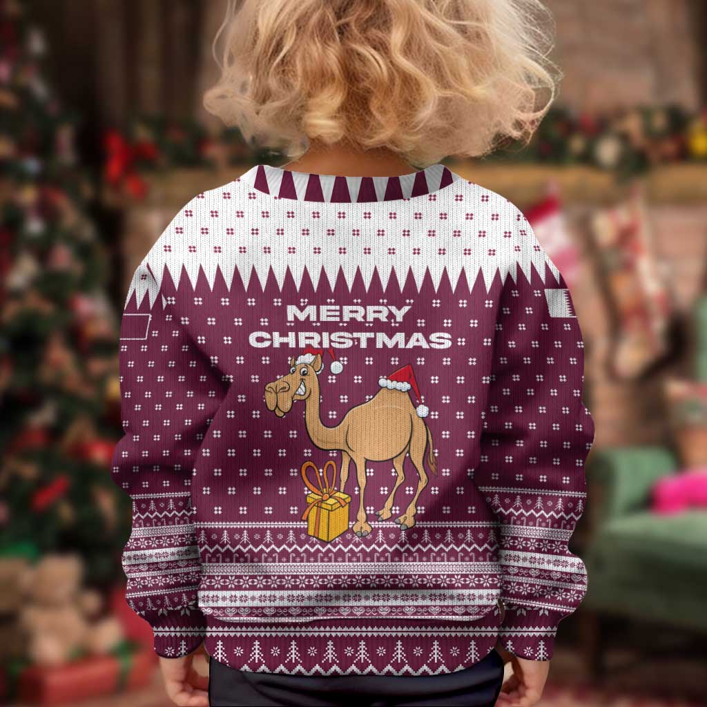 Qatar Christmas Kid Ugly Christmas Sweater with Maroon-White Design, National Emblem, and Camel Motif - Wonder Print Shop