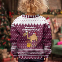 Qatar Christmas Kid Ugly Christmas Sweater with Maroon-White Design, National Emblem, and Camel Motif - Wonder Print Shop