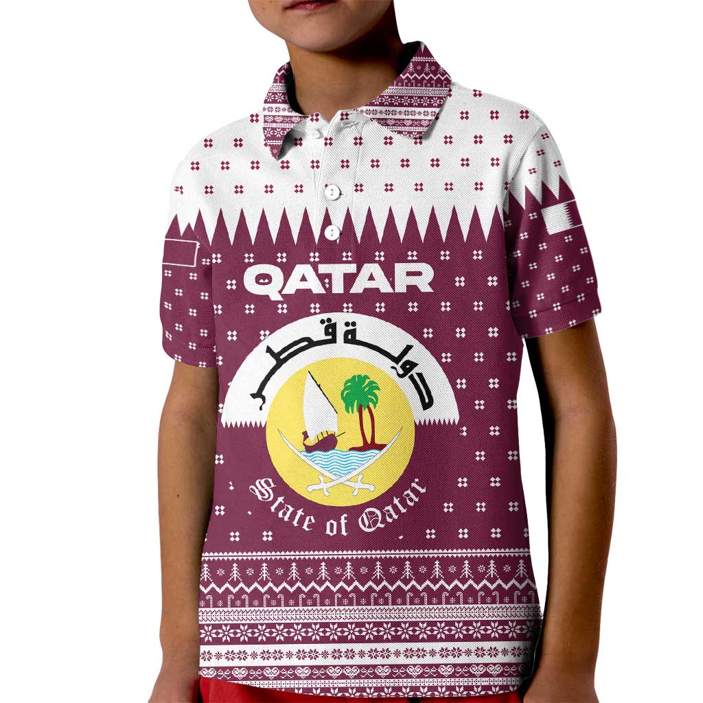 Qatar Christmas Kid Polo Shirt with Maroon-White Design, National Emblem, and Camel Motif - Wonder Print Shop