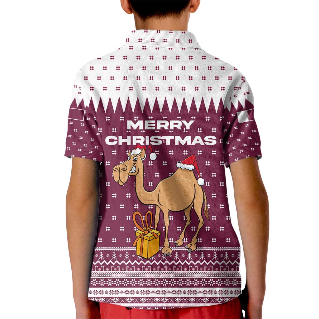 Qatar Christmas Kid Polo Shirt with Maroon-White Design, National Emblem, and Camel Motif - Wonder Print Shop