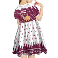 Qatar Christmas Kid Short Sleeve Dress with Maroon-White Design, National Emblem, and Camel Motif - Wonder Print Shop