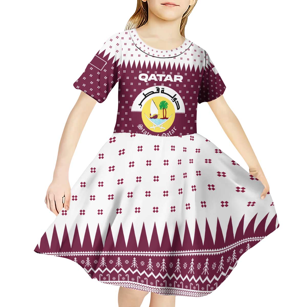 Qatar Christmas Kid Short Sleeve Dress with Maroon-White Design, National Emblem, and Camel Motif - Wonder Print Shop