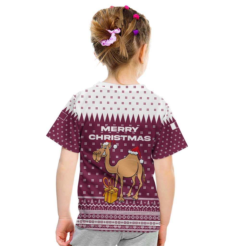 Qatar Christmas Kid T Shirt with Maroon-White Design, National Emblem, and Camel Motif - Wonder Print Shop