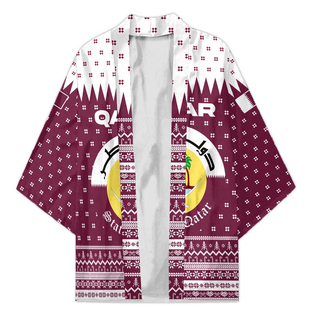 Qatar Christmas Kimono with Maroon-White Design, National Emblem, and Camel Motif - Wonder Print Shop