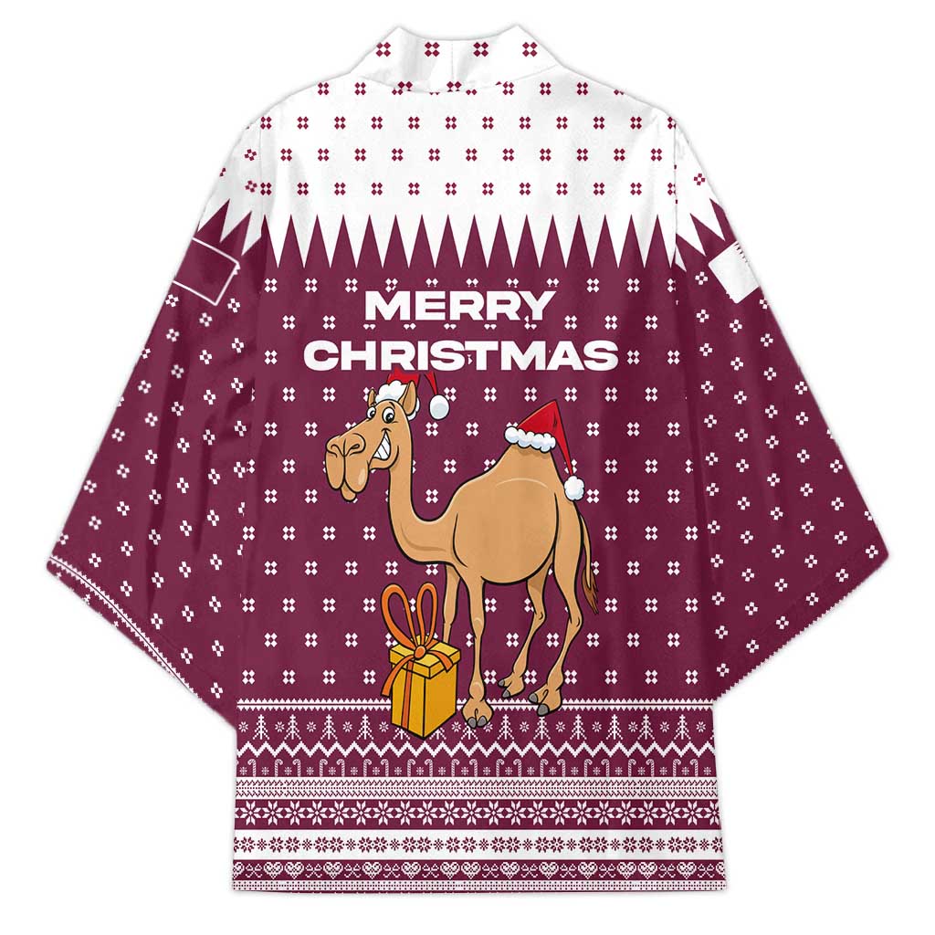 Qatar Christmas Kimono with Maroon-White Design, National Emblem, and Camel Motif - Wonder Print Shop