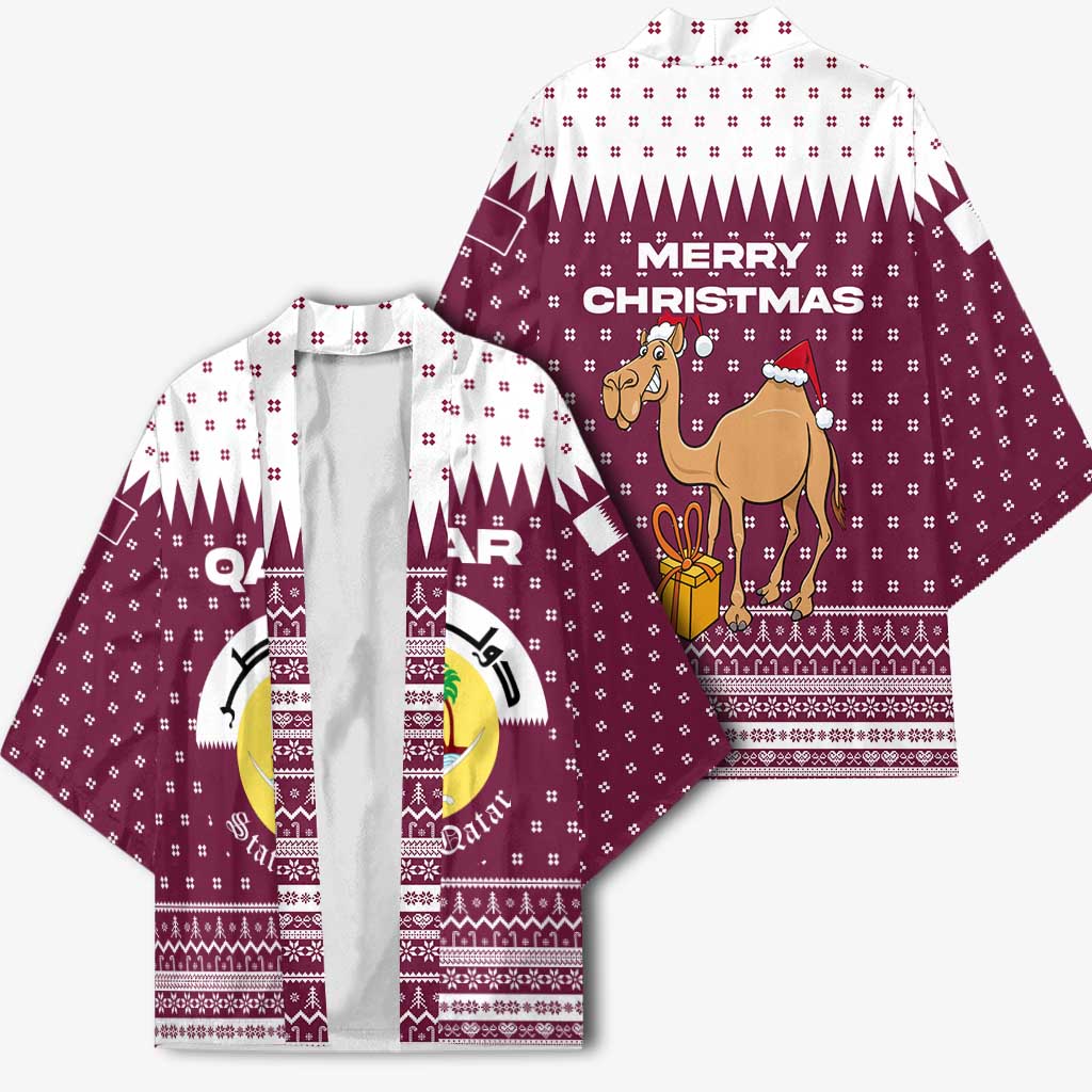 Qatar Christmas Kimono with Maroon-White Design, National Emblem, and Camel Motif - Wonder Print Shop