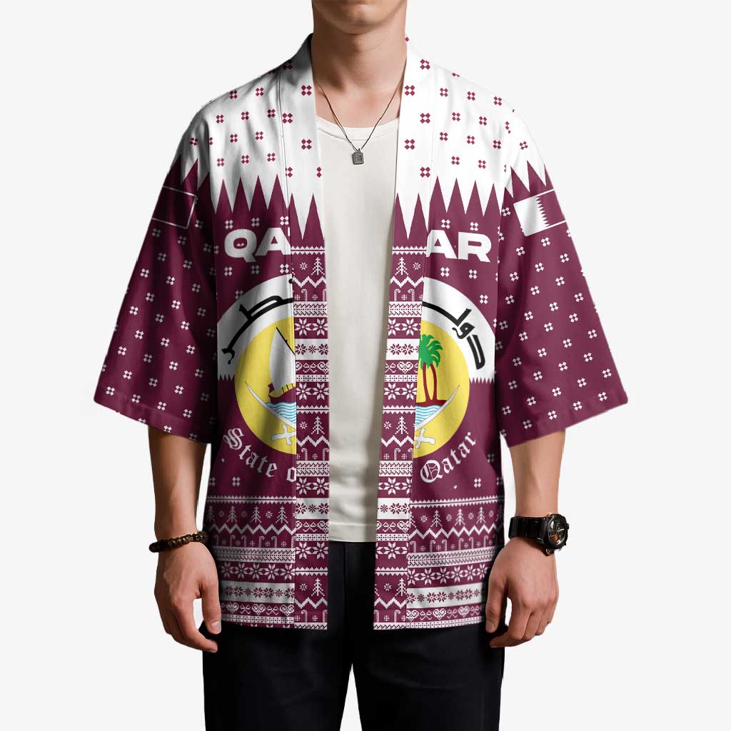 Qatar Christmas Kimono with Maroon-White Design, National Emblem, and Camel Motif - Wonder Print Shop