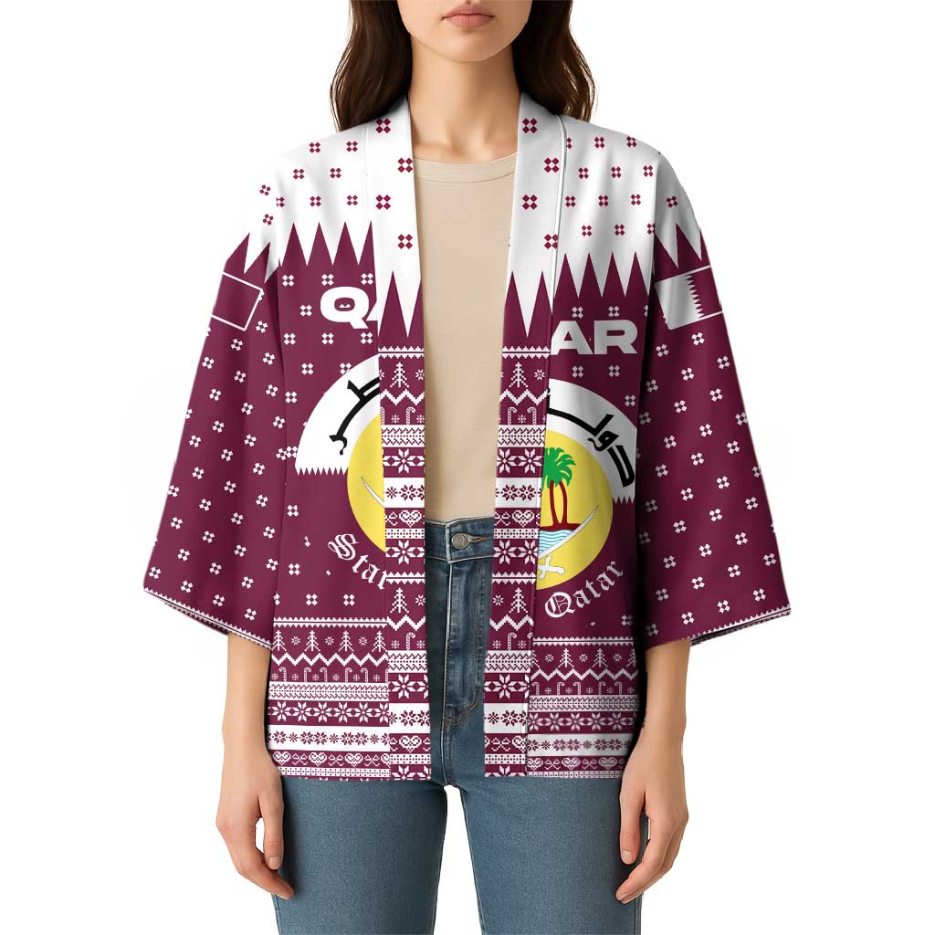 Qatar Christmas Kimono with Maroon-White Design, National Emblem, and Camel Motif - Wonder Print Shop