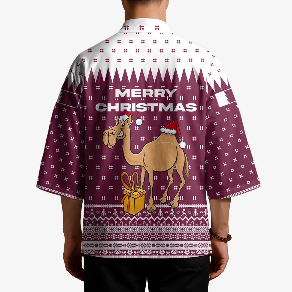 Qatar Christmas Kimono with Maroon-White Design, National Emblem, and Camel Motif - Wonder Print Shop