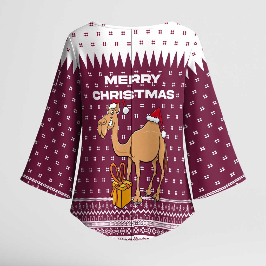 Qatar Christmas Kimono Sleeve Blouse with Maroon-White Design, National Emblem, and Camel Motif - Wonder Print Shop