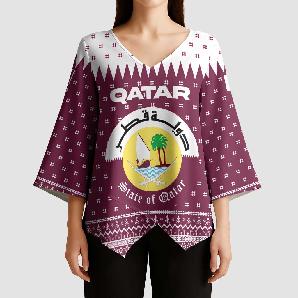 Qatar Christmas Kimono Sleeve Blouse with Maroon-White Design, National Emblem, and Camel Motif - Wonder Print Shop