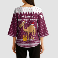 Qatar Christmas Kimono Sleeve Blouse with Maroon-White Design, National Emblem, and Camel Motif - Wonder Print Shop