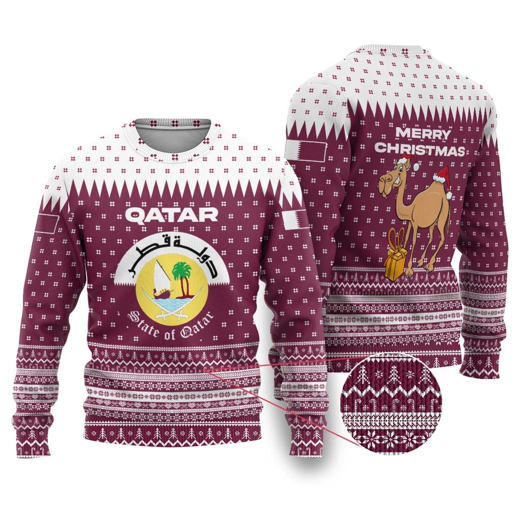 Qatar Christmas Ugly Christmas Sweater with Maroon-White Design, National Emblem, and Camel Motif - Wonder Print Shop