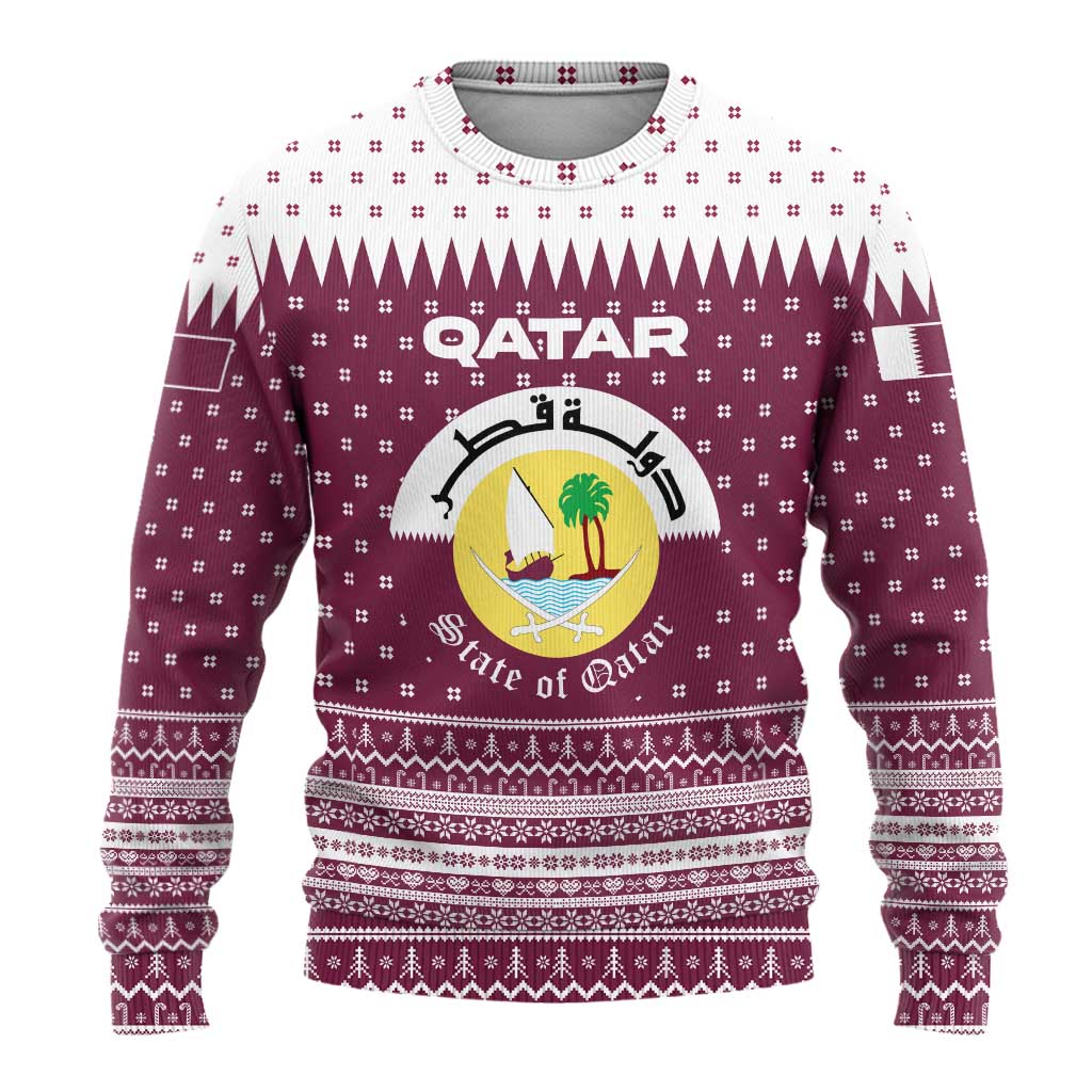 Qatar Christmas Ugly Christmas Sweater with Maroon-White Design, National Emblem, and Camel Motif - Wonder Print Shop
