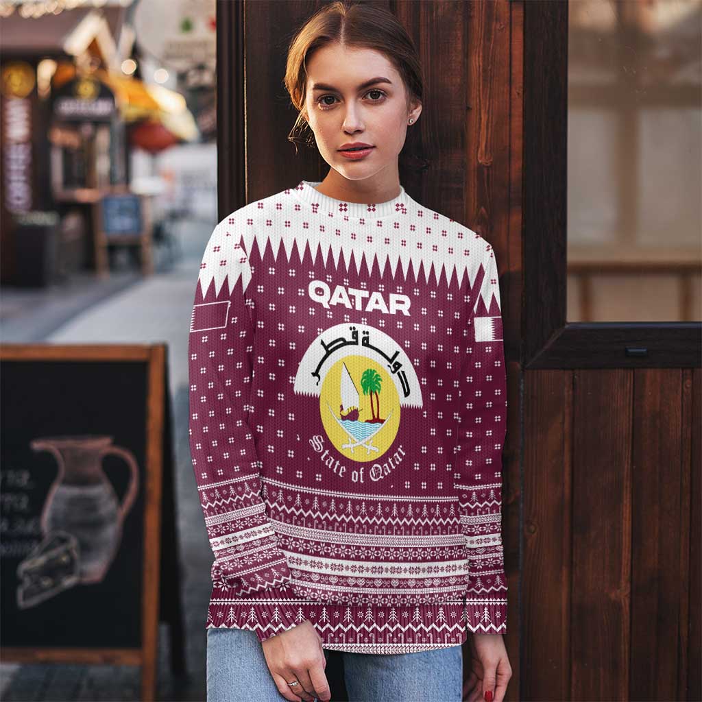 Qatar Christmas Ugly Christmas Sweater with Maroon-White Design, National Emblem, and Camel Motif - Wonder Print Shop