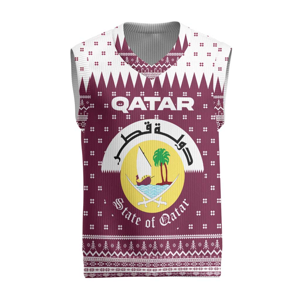 Qatar Christmas Knitted V-Neck Vest with Maroon-White Design, National Emblem, and Camel Motif - Wonder Print Shop