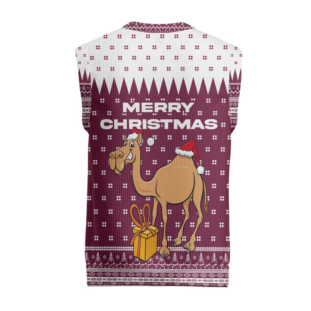 Qatar Christmas Knitted V-Neck Vest with Maroon-White Design, National Emblem, and Camel Motif - Wonder Print Shop