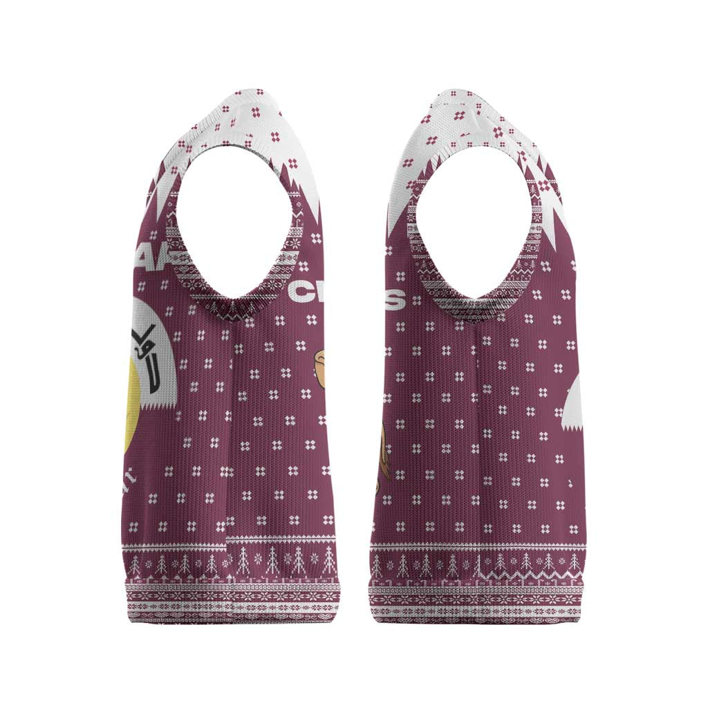 Qatar Christmas Knitted V-Neck Vest with Maroon-White Design, National Emblem, and Camel Motif - Wonder Print Shop