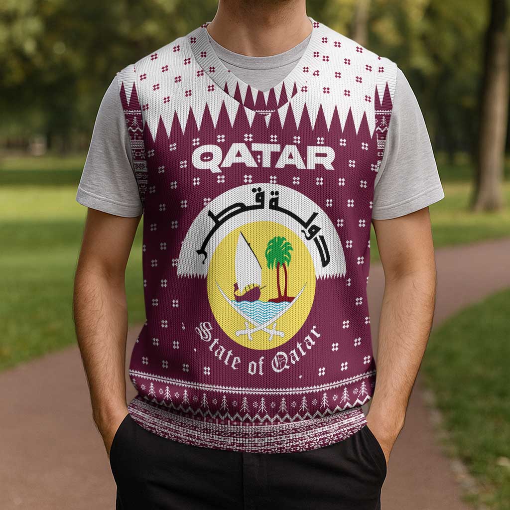 Qatar Christmas Knitted V-Neck Vest with Maroon-White Design, National Emblem, and Camel Motif - Wonder Print Shop