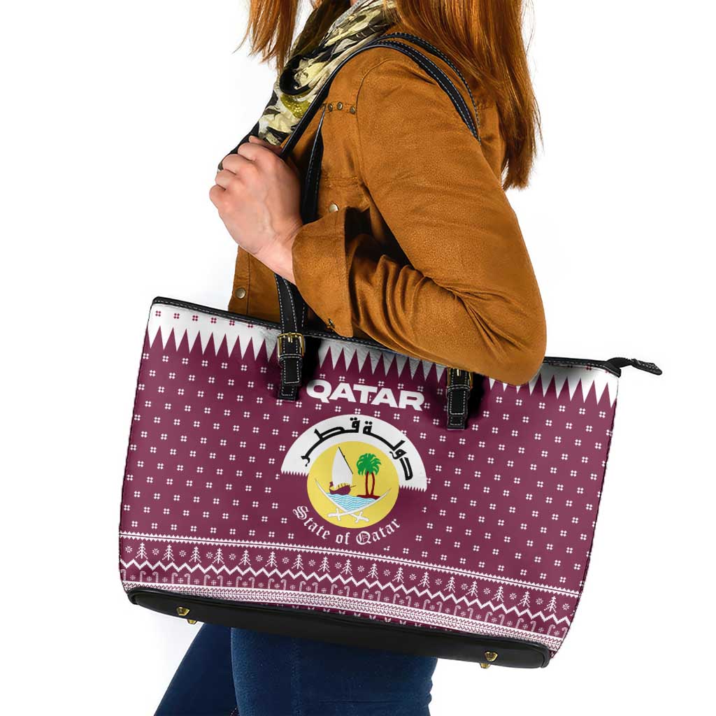 Qatar Christmas Leather Tote Bag with Maroon-White Design, National Emblem, and Camel Motif - Wonder Print Shop