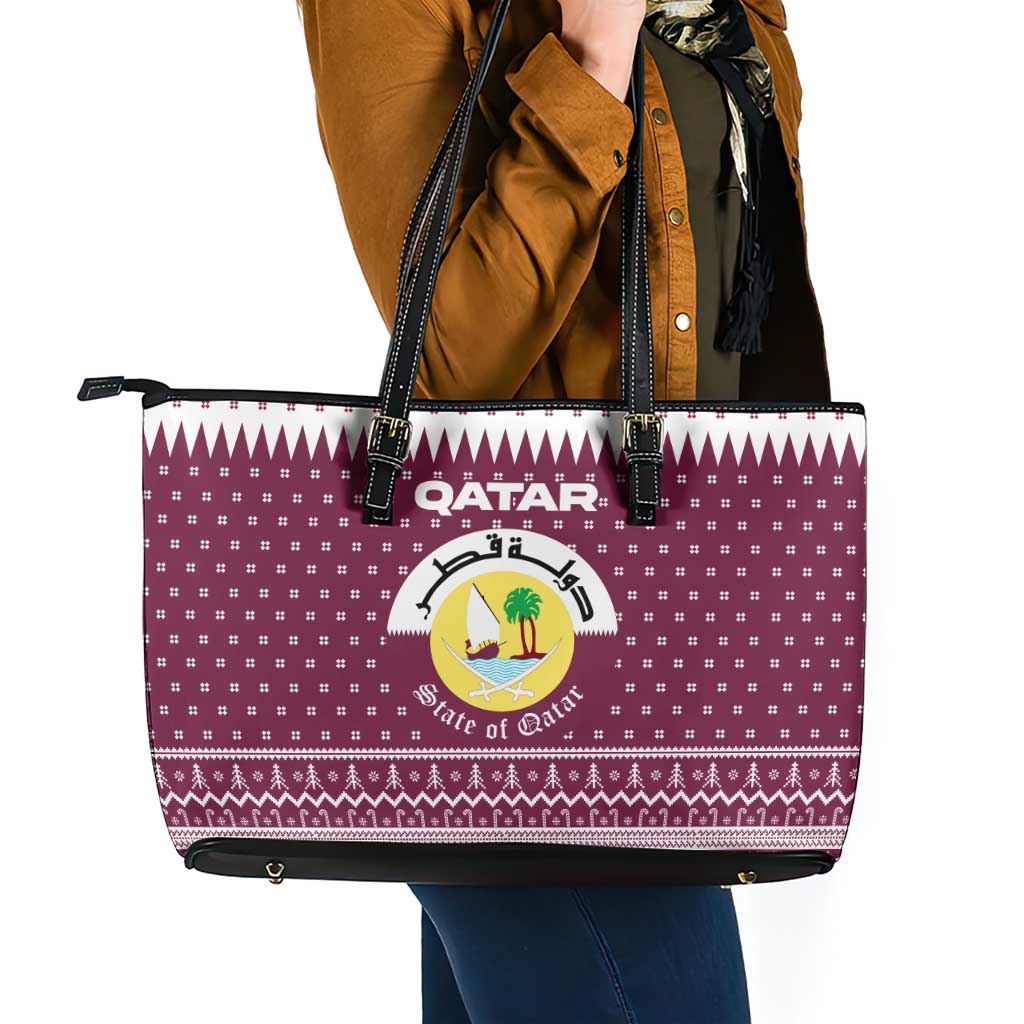 Qatar Christmas Leather Tote Bag with Maroon-White Design, National Emblem, and Camel Motif - Wonder Print Shop