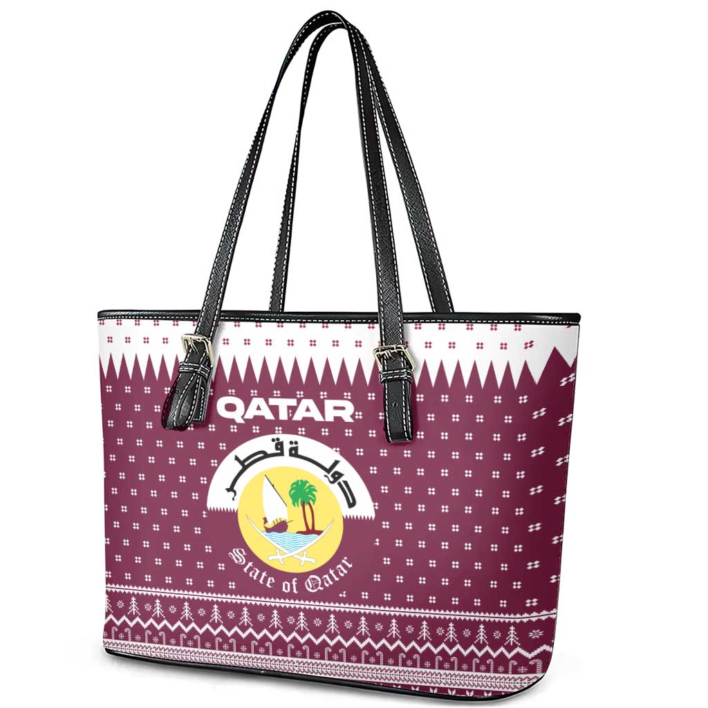 Qatar Christmas Leather Tote Bag with Maroon-White Design, National Emblem, and Camel Motif - Wonder Print Shop