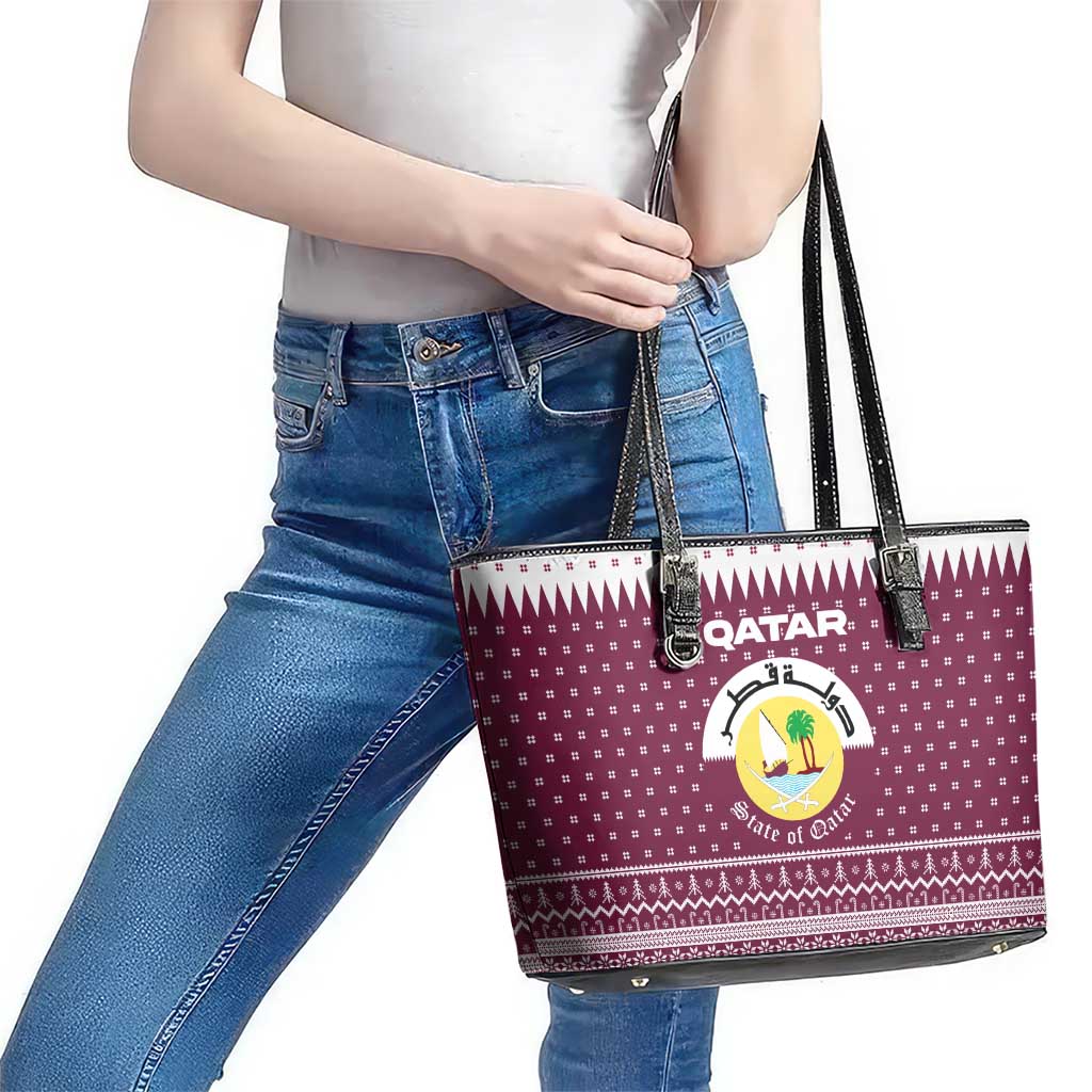 Qatar Christmas Leather Tote Bag with Maroon-White Design, National Emblem, and Camel Motif - Wonder Print Shop