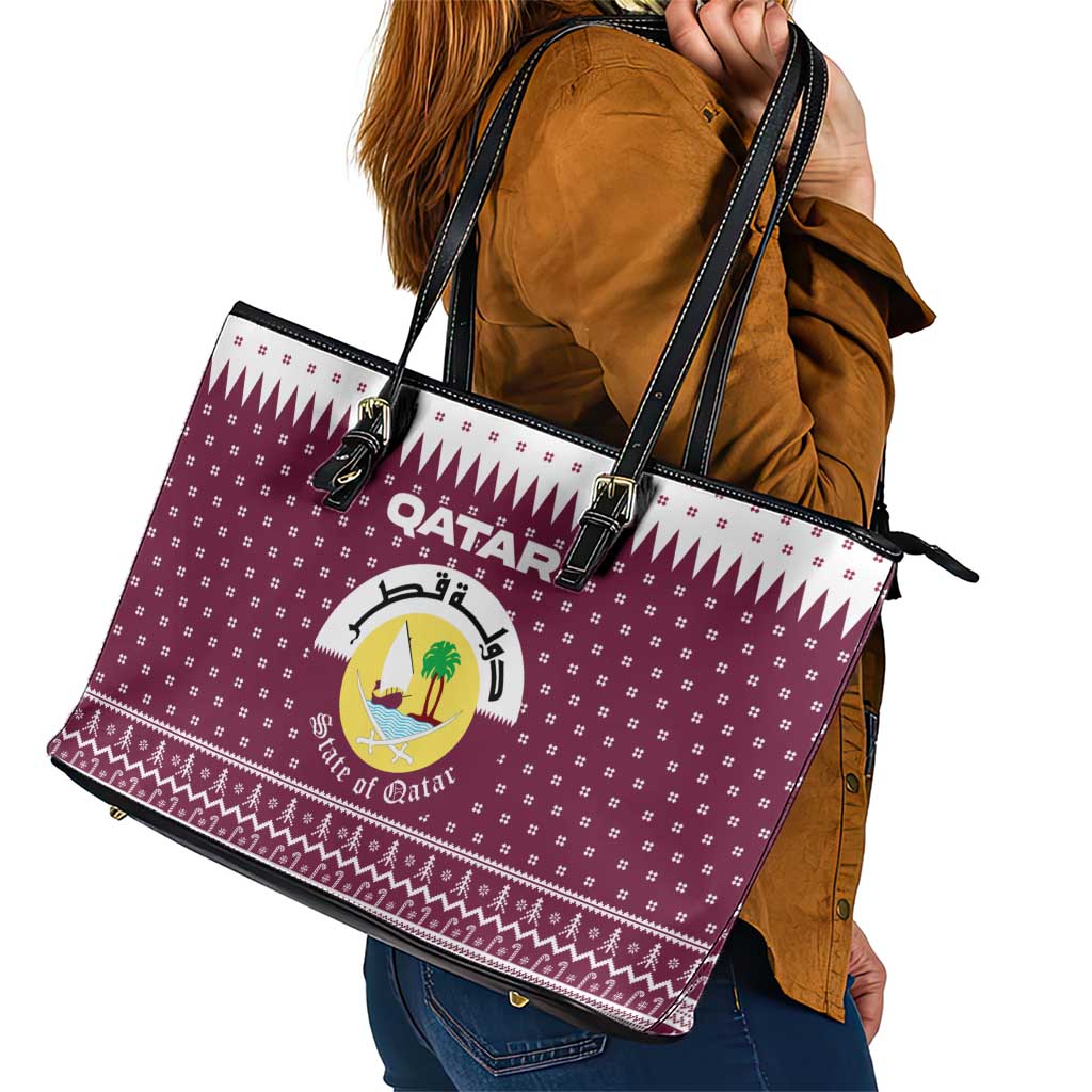 Qatar Christmas Leather Tote Bag with Maroon-White Design, National Emblem, and Camel Motif - Wonder Print Shop