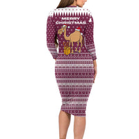 Qatar Christmas Long Sleeve Bodycon Dress with Maroon-White Design, National Emblem, and Camel Motif - Wonder Print Shop
