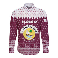 Qatar Christmas Long Sleeve Button Shirt with Maroon-White Design, National Emblem, and Camel Motif - Wonder Print Shop