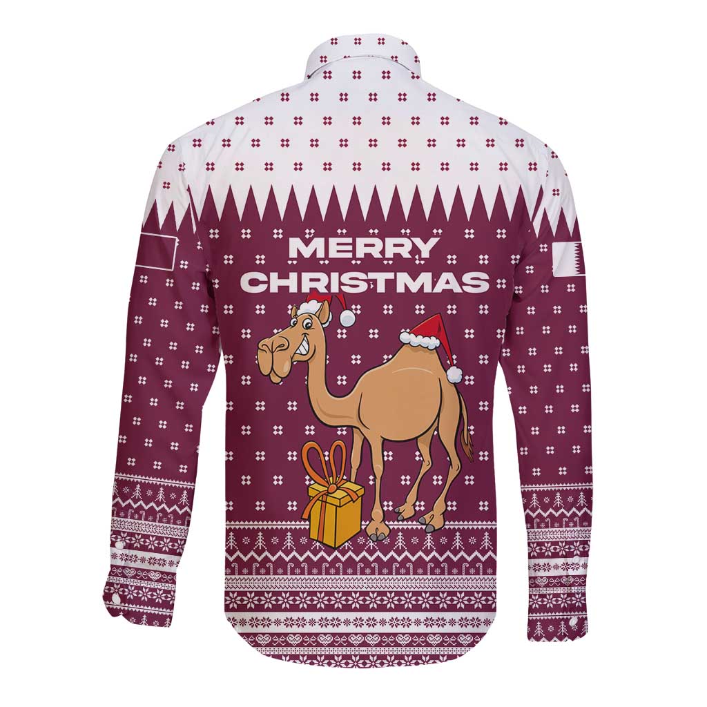 Qatar Christmas Long Sleeve Button Shirt with Maroon-White Design, National Emblem, and Camel Motif - Wonder Print Shop