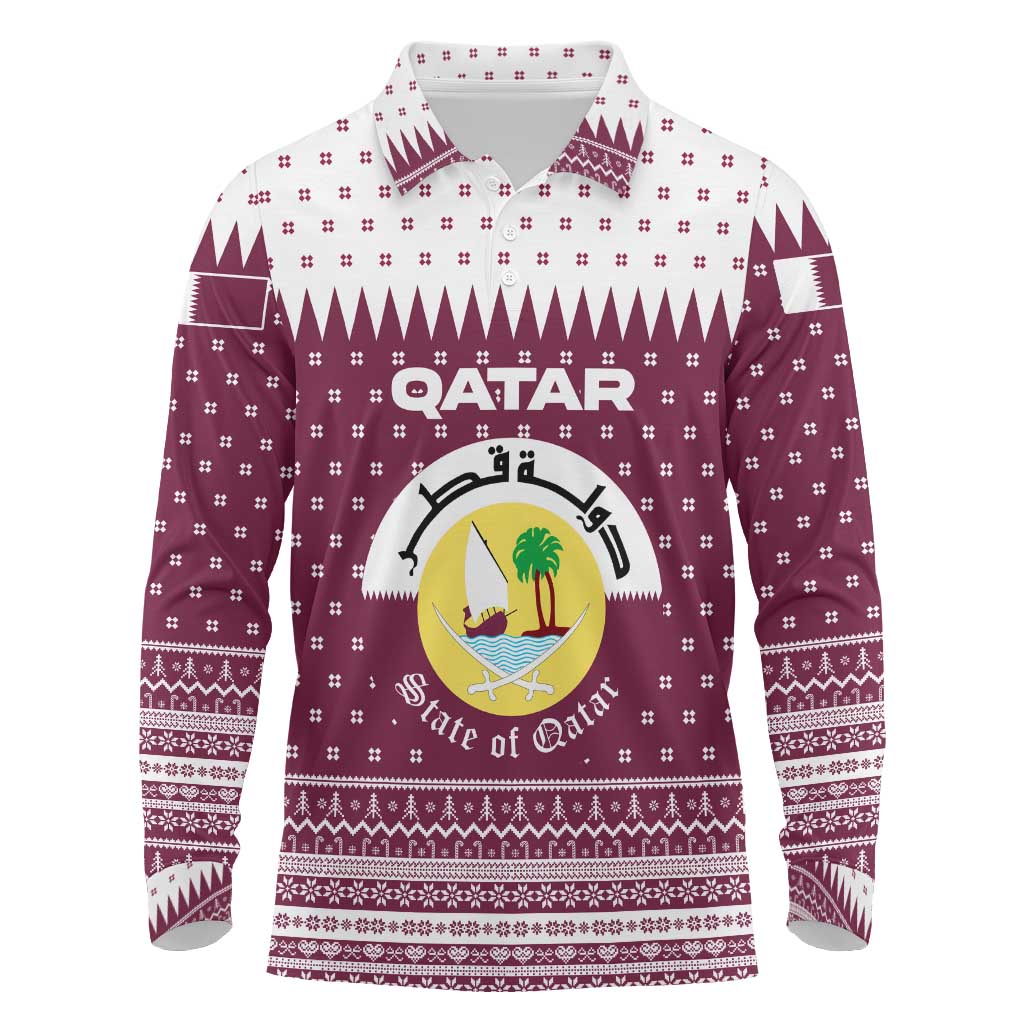 Qatar Christmas Long Sleeve Polo Shirt with Maroon-White Design, National Emblem, and Camel Motif - Wonder Print Shop