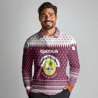 Qatar Christmas Long Sleeve Polo Shirt with Maroon-White Design, National Emblem, and Camel Motif - Wonder Print Shop