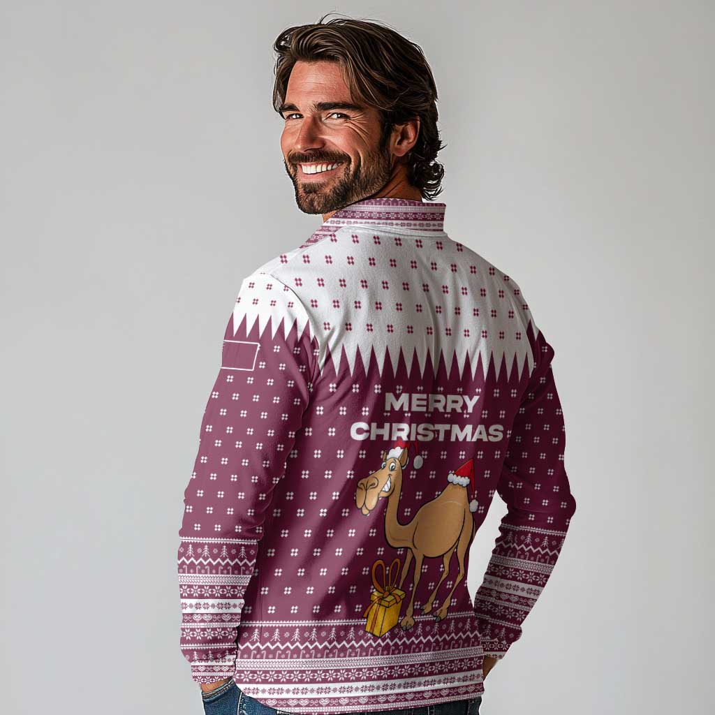 Qatar Christmas Long Sleeve Polo Shirt with Maroon-White Design, National Emblem, and Camel Motif - Wonder Print Shop