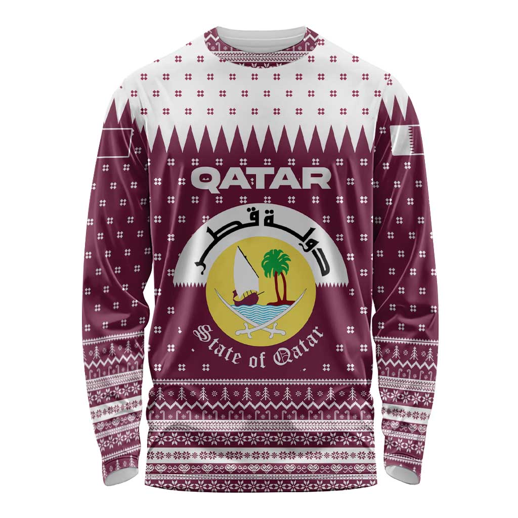 Qatar Christmas Long Sleeve Shirt with Maroon-White Design, National Emblem, and Camel Motif - Wonder Print Shop
