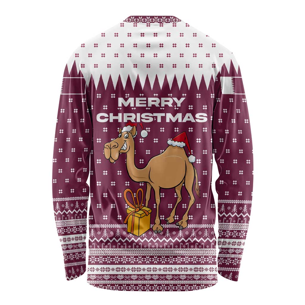 Qatar Christmas Long Sleeve Shirt with Maroon-White Design, National Emblem, and Camel Motif - Wonder Print Shop