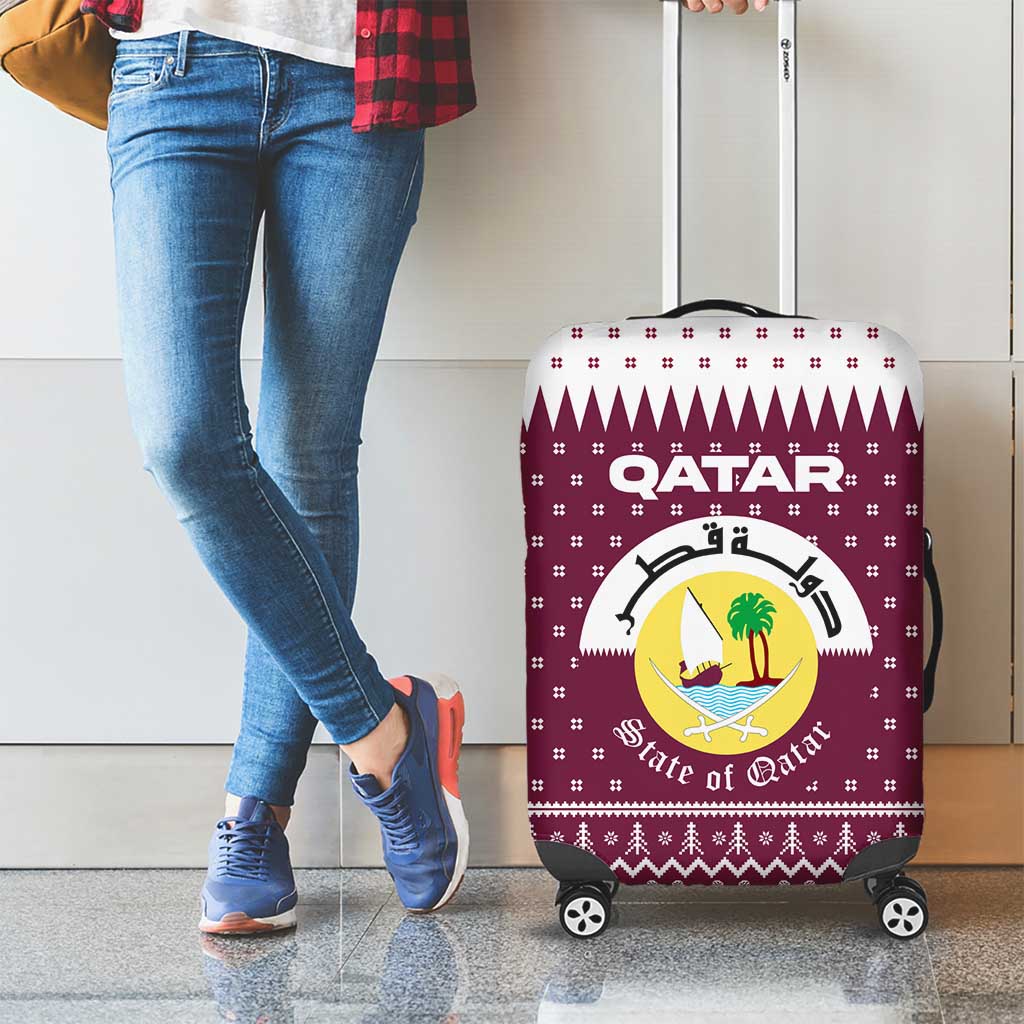 Qatar Christmas Luggage Cover with Maroon-White Design, National Emblem, and Camel Motif - Wonder Print Shop