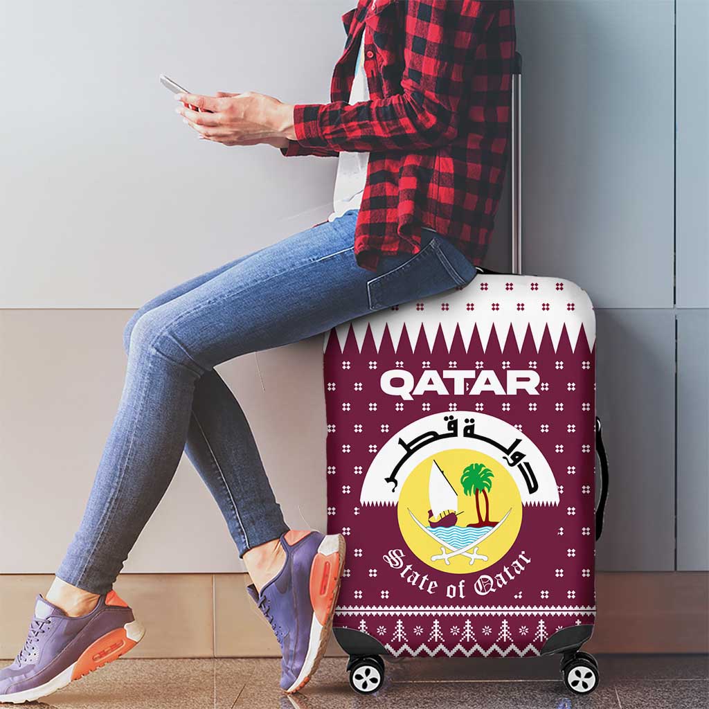 Qatar Christmas Luggage Cover with Maroon-White Design, National Emblem, and Camel Motif - Wonder Print Shop