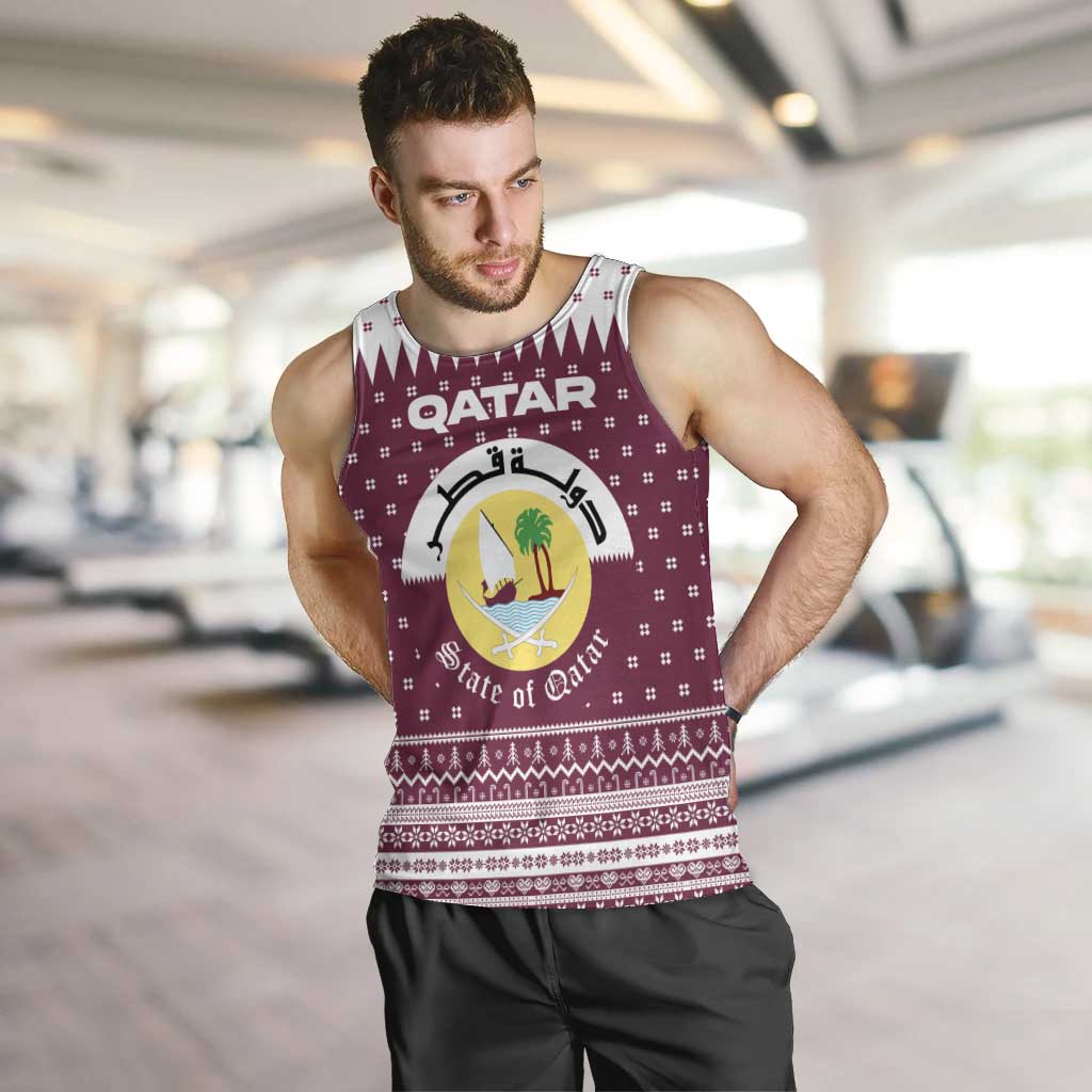 Qatar Christmas Men Tank Top with Maroon-White Design, National Emblem, and Camel Motif - Wonder Print Shop