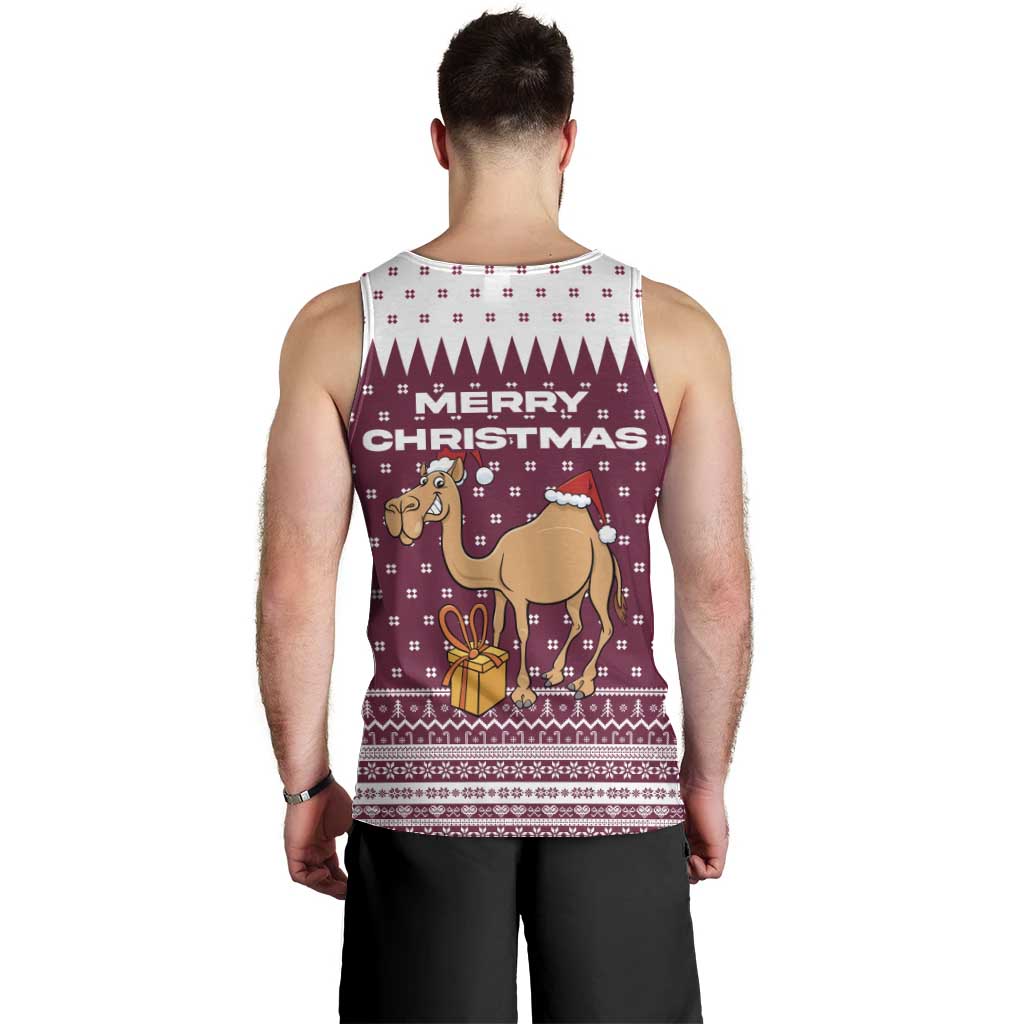 Qatar Christmas Men Tank Top with Maroon-White Design, National Emblem, and Camel Motif - Wonder Print Shop