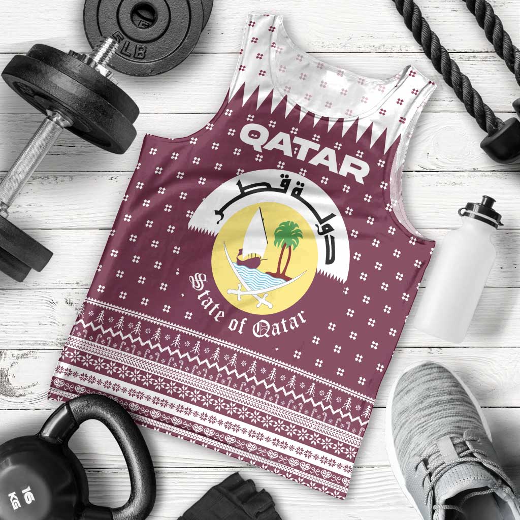 Qatar Christmas Men Tank Top with Maroon-White Design, National Emblem, and Camel Motif - Wonder Print Shop