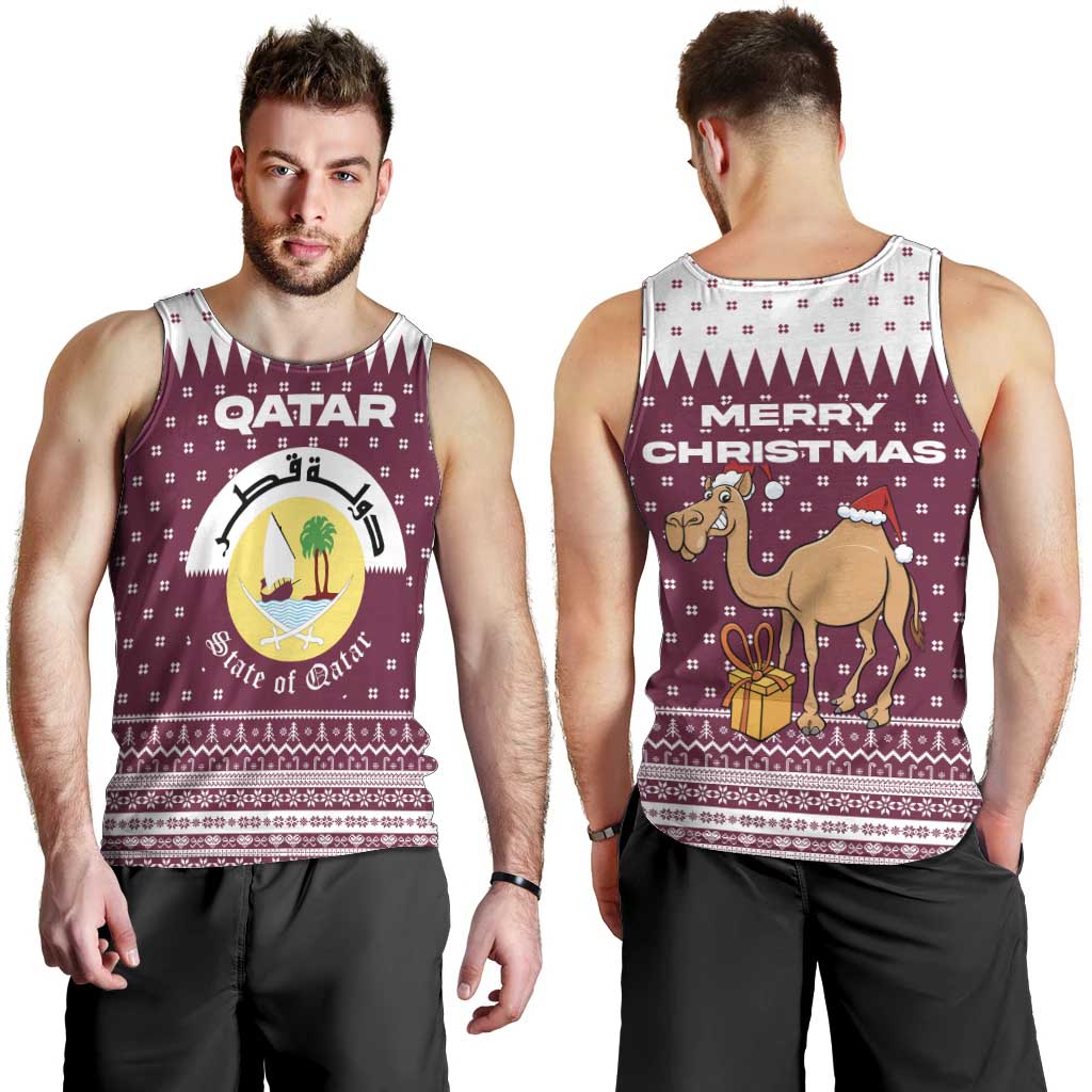 Qatar Christmas Men Tank Top with Maroon-White Design, National Emblem, and Camel Motif - Wonder Print Shop